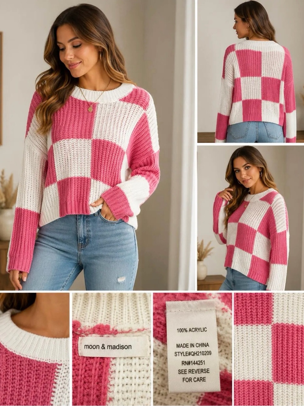 Moon & Madison Anthropologie Pink & White Check Sweater